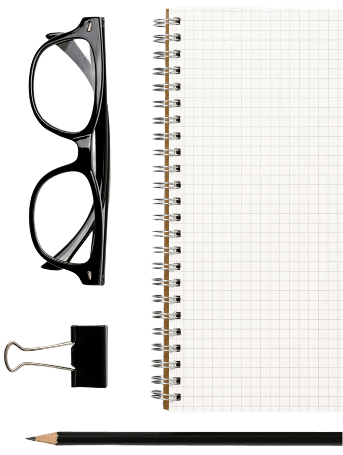 Glasses, notebook and pencil